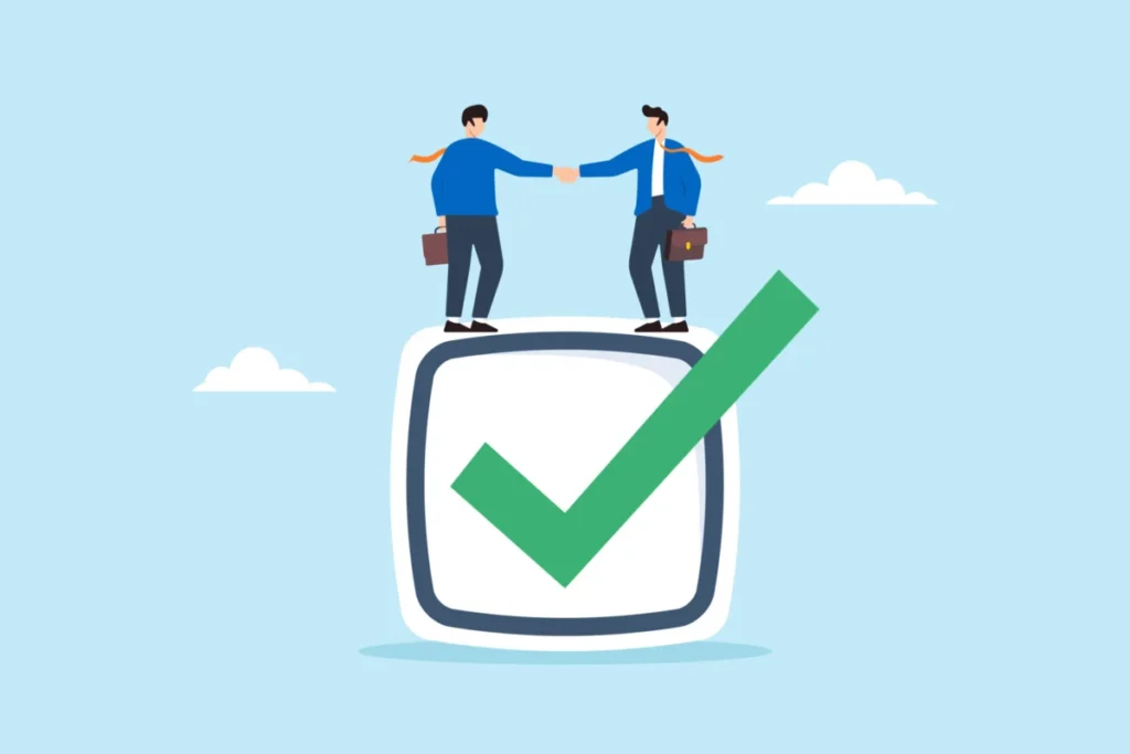 Flat illustration of two businessmen shaking hands and standing on large check mark box, agreement partnership trust on work and successful deal