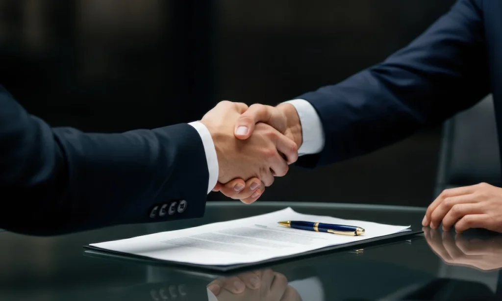 Business handshake over contract on reflective glass table with pen and hands