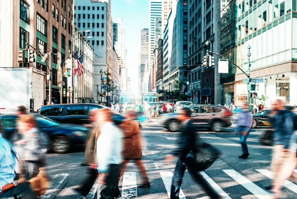 Crowded street with people in New York in springtime