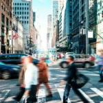 Crowded street with people in New York in springtime