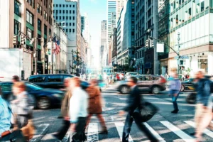Crowded street with people in New York in springtime
