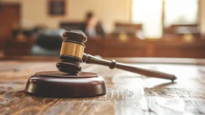 A scene from the courtroom, where the judge's gavel lies on a solid wooden table.