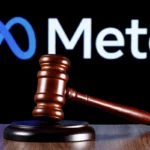Kazan, Russia - Jan 31, 2022: Gavel on table against the background of Meta company logo. The concept of the trial.