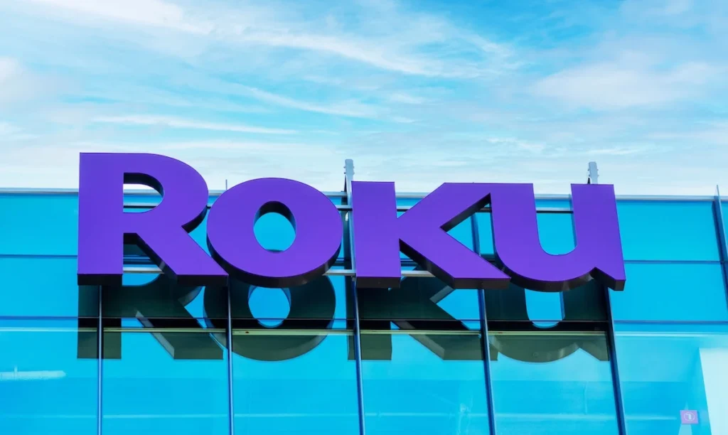 Roku sign and logo on the modern facade of consumer electronics and broadcast media company headquarters in Silicon Valley - San Jose, California, USA - 2021