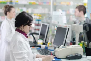 pharmacist suggesting medical drug to buyer in pharmacy drugstor