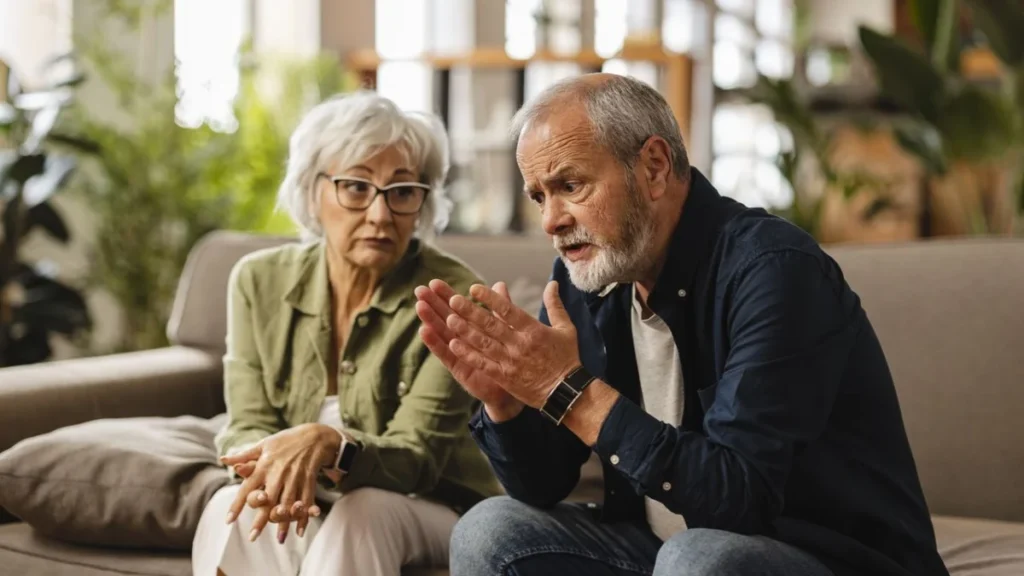Senior couple explaining problems to psychologist during therapy session