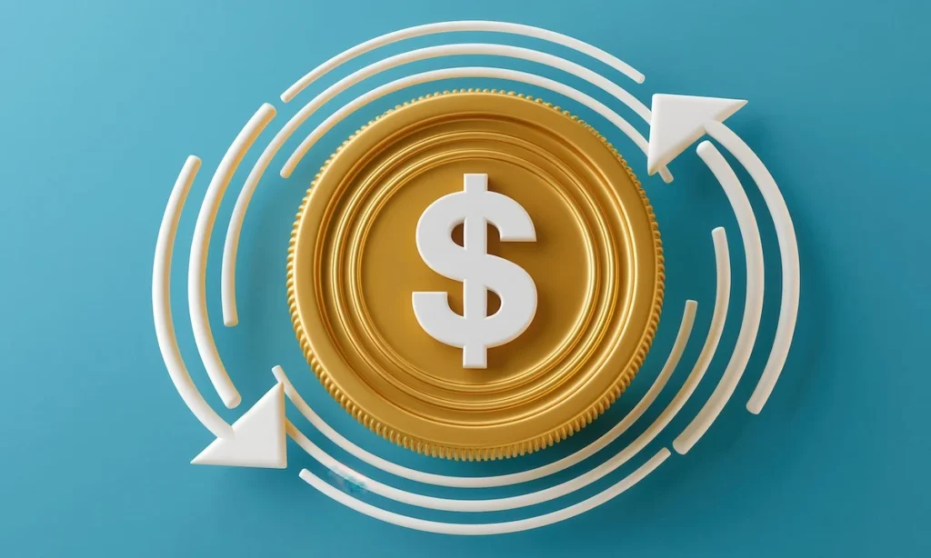 Golden dollar coin surrounded by white circular arrows effectively illustrates concepts of financial.