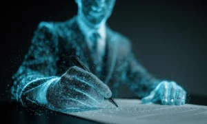 Holographic AI agent assists lawyer with digital documents