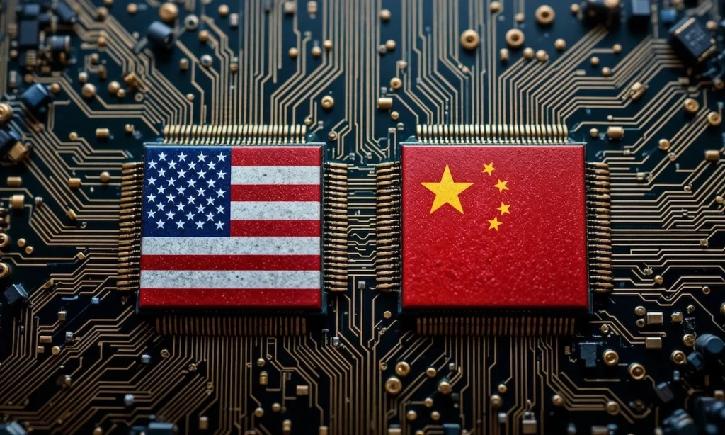 Two computer chips with the flags of the United States and China on them, placed on a circuit board, conflict between china and USA created with generative ai