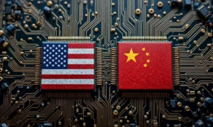 Two computer chips with the flags of the United States and China on them, placed on a circuit board, conflict between china and USA created with generative ai