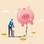 Saving or investment growth, money or financial deposit, wealth building, revenue increase or income, earning or profit, rich and prosperity concept, businessman inflate piggy bank to be bigger.