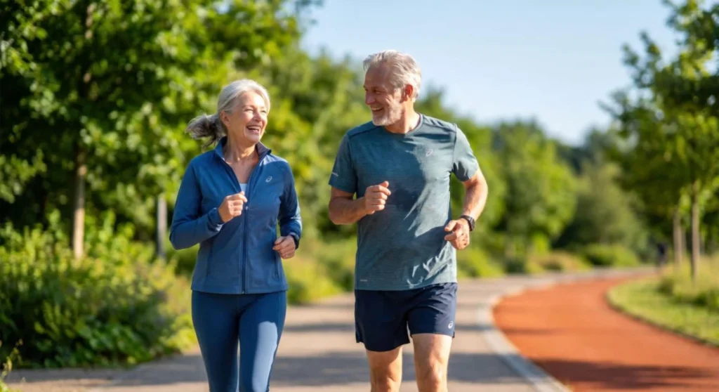 Senior man and woman in sportswear jogging and talking along a wooded park trail on a sunny morning, Berlin, Germany.