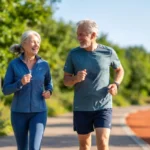 Senior man and woman in sportswear jogging and talking along a wooded park trail on a sunny morning, Berlin, Germany.