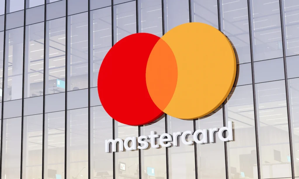 Purchase, Harrison, NY, USA. May 2, 2022. Editorial Use Only, 3D CGI. Mastercard Signage Logo on Top of Glass Building. Workplace Financial Services Company Office Headquarters.