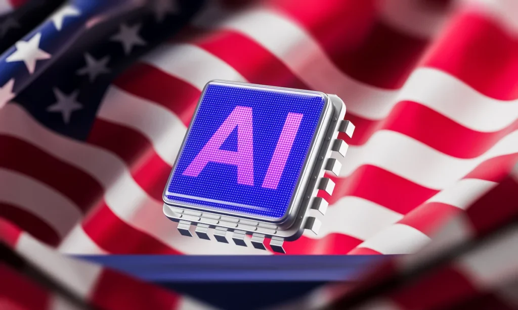 AI microchip glowing in blue and pink with USA flag background symbolizing American innovation and artificial intelligence technology leadership concept. 3D Rendering