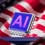 AI microchip glowing in blue and pink with USA flag background symbolizing American innovation and artificial intelligence technology leadership concept. 3D Rendering
