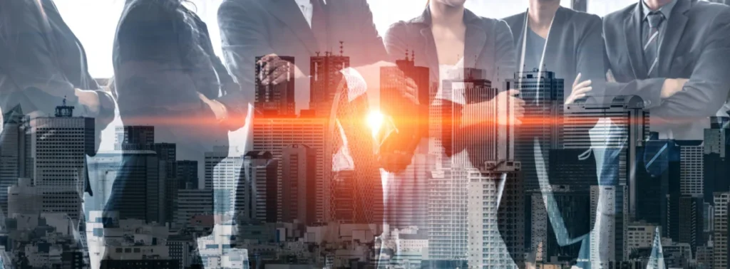 Double Exposure Image Of Many Business People.