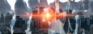 Double Exposure Image Of Many Business People.