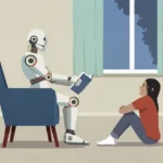 Humanoid robot reading book to girl in living room at home