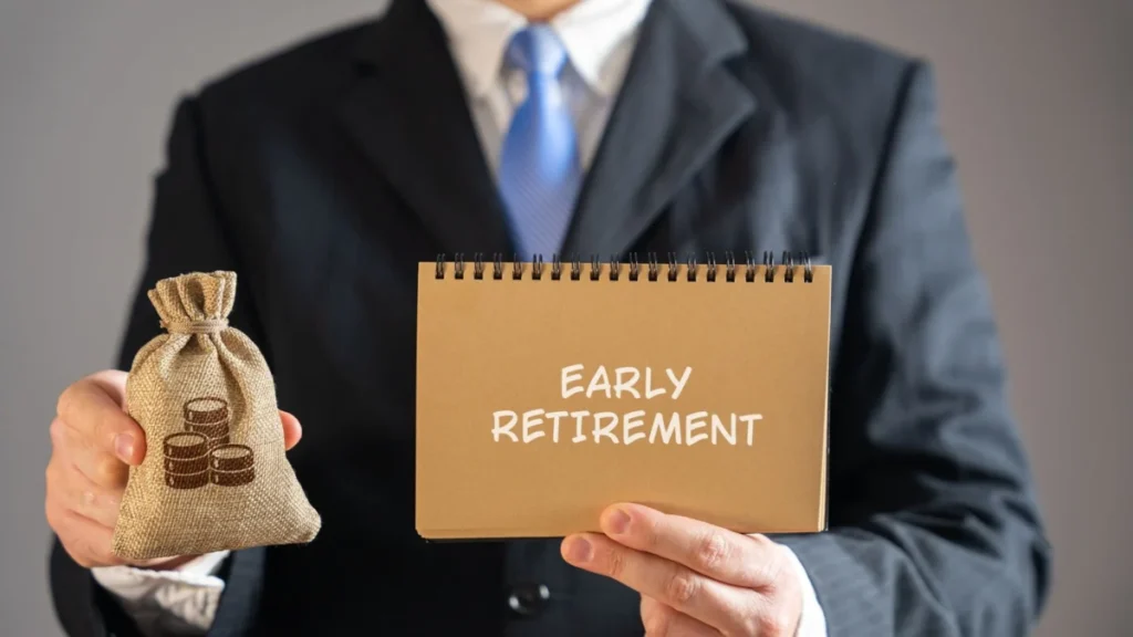 Early retirement concept. Decision to leave the workforce and stop working full-time before the traditional retirement age, typically 65. Notepad and money bag in the hands of a businessman