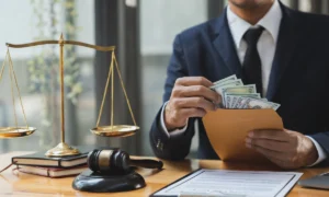 Young Asian lawyer or legal consultant holding money out of brown envelope with hammer and goddess of injustice on table The concept of corruption and embezzlement.