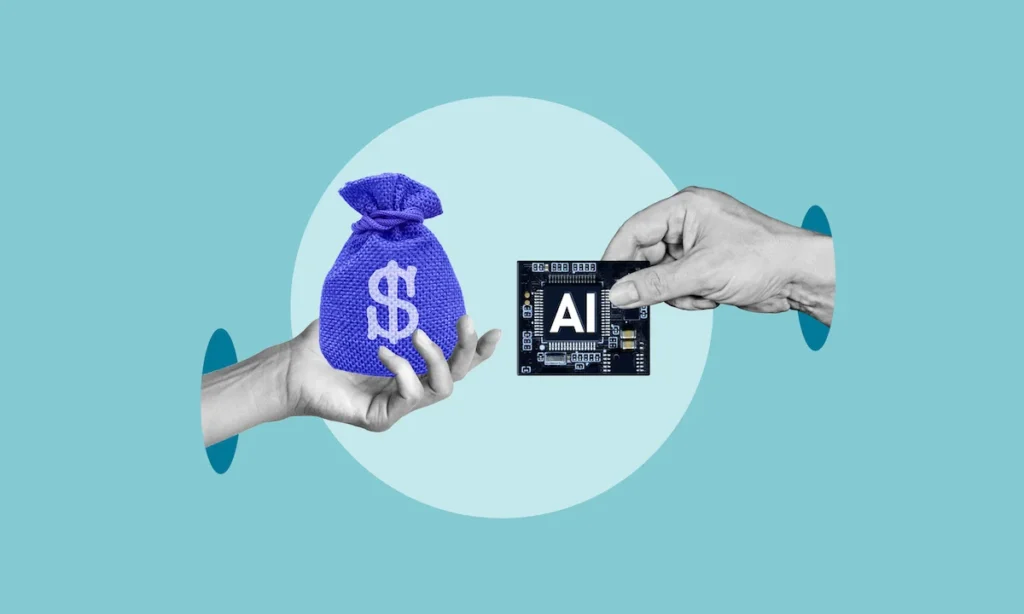 Artificial intelligence AI chip investment boom, rising demand for semiconductors and machine learning technology, human trading money for processor, digital economy growth and tech market expansion