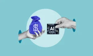 Artificial intelligence AI chip investment boom, rising demand for semiconductors and machine learning technology, human trading money for processor, digital economy growth and tech market expansion