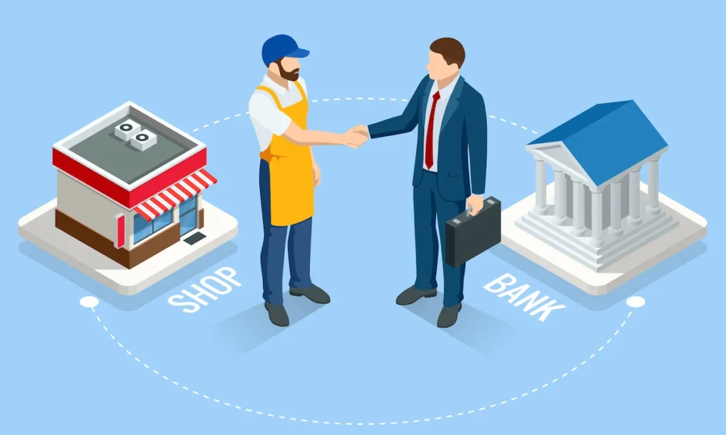 Isometric small business loan form financial concept. Shop that get loans from bank without collateral