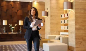 Young, ambitious businesswoman using tablet on the move
