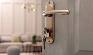 Closeup view of open door with key in room