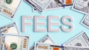 3d rendering of the word "FEES" and US hundred dollar bills (USD).