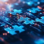 Digital puzzle pieces interlocking seamlessly, glowing against a futuristic blue abstract background, symbolizing the concept of API integration and seamless connectivity