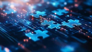 Digital puzzle pieces interlocking seamlessly, glowing against a futuristic blue abstract background, symbolizing the concept of API integration and seamless connectivity