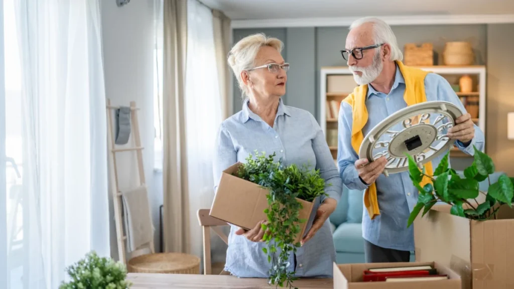 Senior couple man and woman husband wife pack or unpack boxes moving