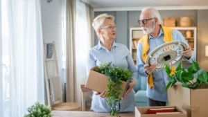 Senior couple man and woman husband wife pack or unpack boxes moving