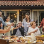 Happy multi-ethnic family toasting during lunch in garden of suburban house
