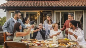 Happy multi-ethnic family toasting during lunch in garden of suburban house