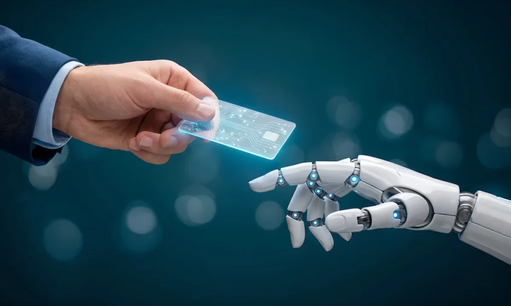 Human Hand Passing Futuristic Digital Credit Card to Robot Hand for AI Fintech Transaction
