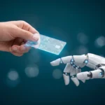 Human Hand Passing Futuristic Digital Credit Card to Robot Hand for AI Fintech Transaction