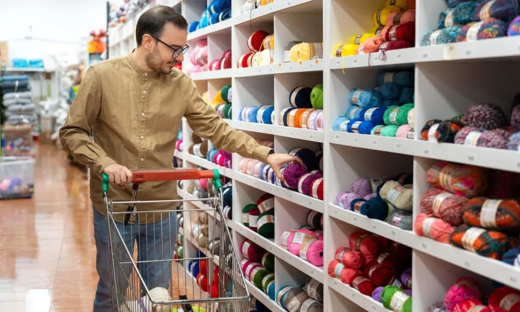 Man choosing colorful yarn for hobby crafting in store