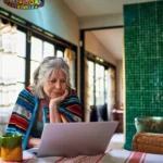 Grey haired woman working from home using laptop