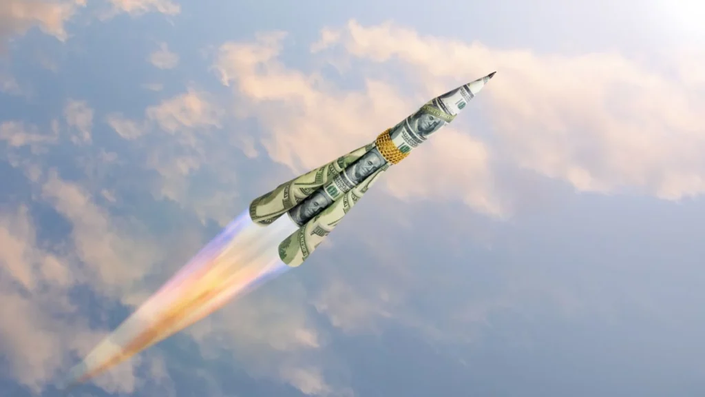 Concept of the rise of the dollar high in the sky