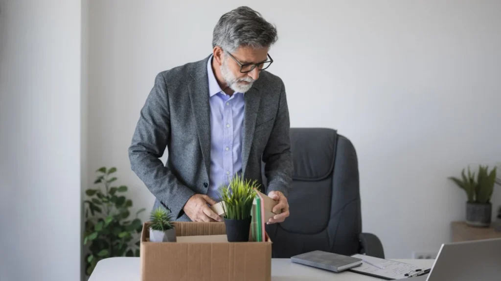 Sad businessman packing his belongings after losing his job