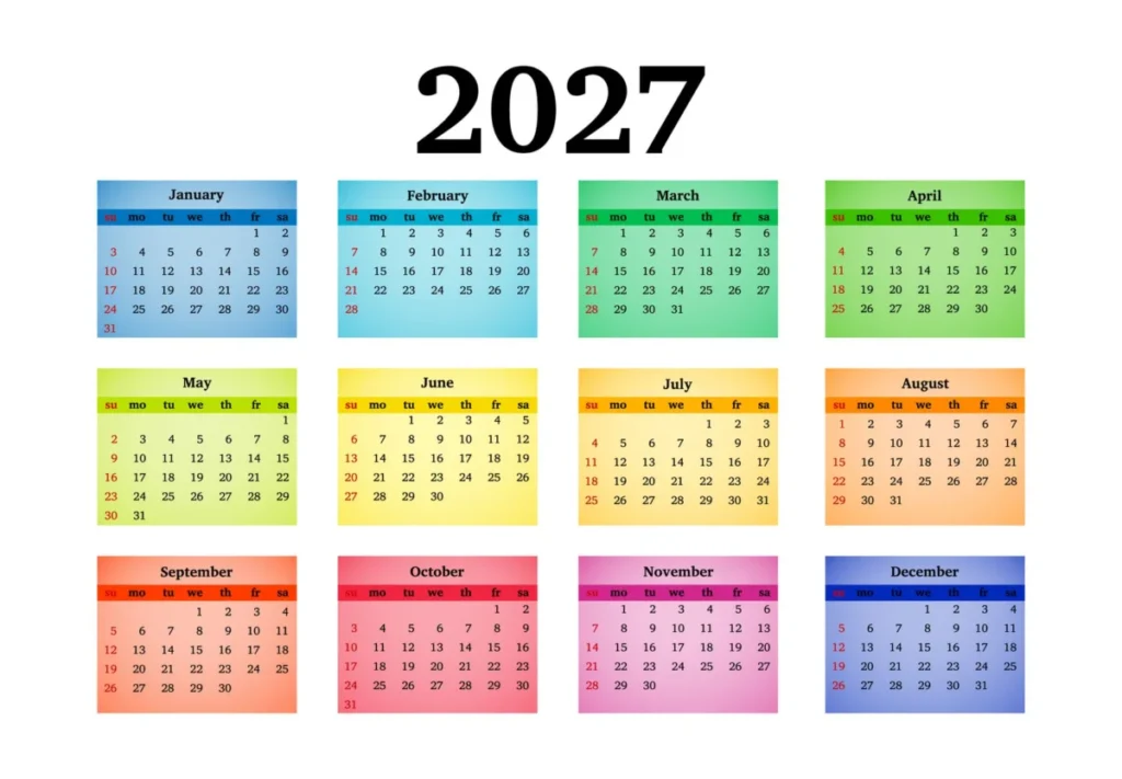 Calendar for 2027 isolated on a white background
