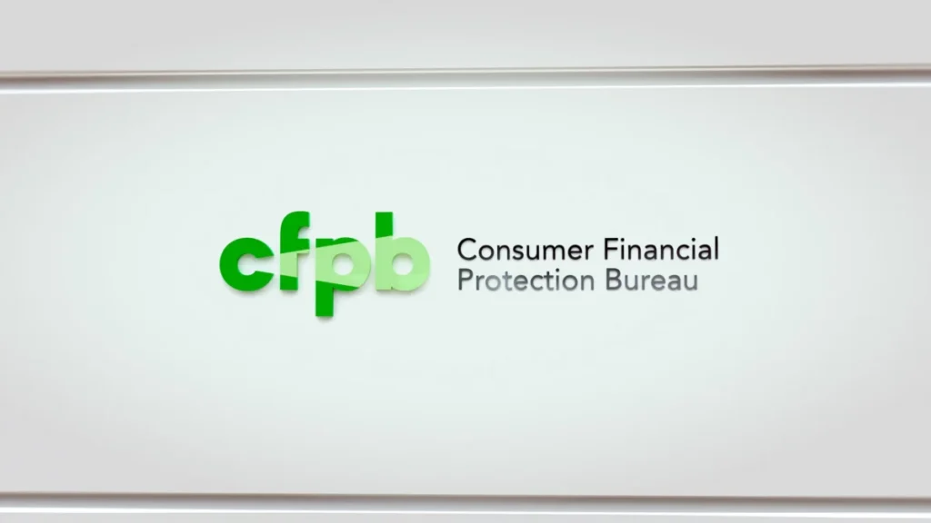 cfpb logo of the Consumer Financial Protection Bureau cfpb on a white wall. CFPB's logo indoor.