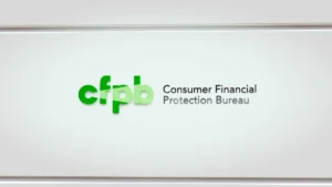 cfpb logo of the Consumer Financial Protection Bureau cfpb on a white wall. CFPB's logo indoor.