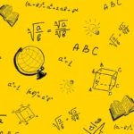 An open book, drawing or design. A globe drawn on a yellow background. Mathematical problems, their solution, algebra. Drawing of a light bulb. The concept of training, education, passing entrance exams to a university or institute. Back to school.