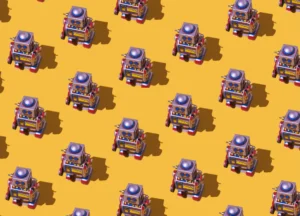 Pattern of retro tin toy robots with clocks and displays painted on yellow background. Concept of vintage, old, nostalgia, toy and android.