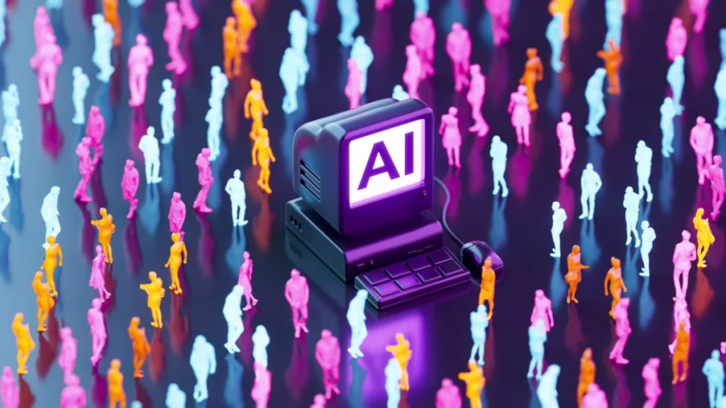 Vintage Computer with AI Text on Screen and Neon Lighting Business Crowd