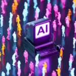 Vintage Computer with AI Text on Screen and Neon Lighting Business Crowd